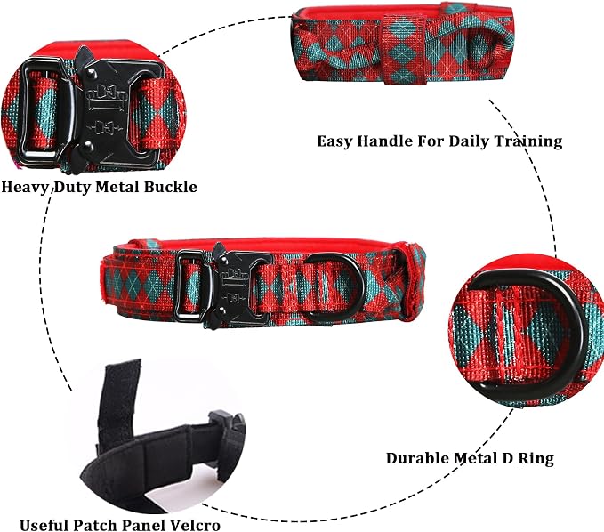 Christmas Tactical Dog Collar Adjustable Nylon Dog Collar Metal Buckle with Handle for Dog Training (Christmas Green,M)