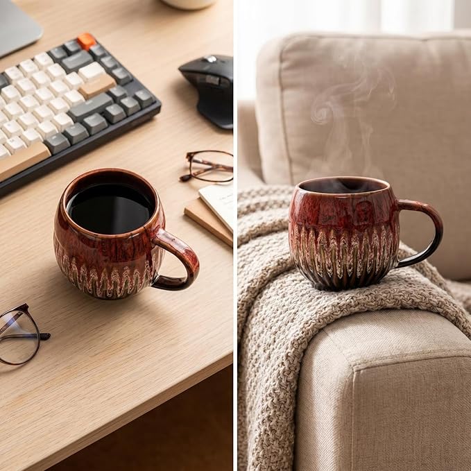 13oz Large Coffee Mug - Unique Handcrafted Look Ceramic Cup, Large Tea Mug, Microwave & Dishwasher Safe (red,Set of 4)