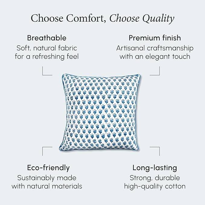 CPC 100% Cotton Throw Pillow Covers 16X16 Blue Block Print Pattern Couch Pillow, Cute Boho Decorative Pillows for Living Room, Bedroom with Hidden Zipper- Apatite Blue