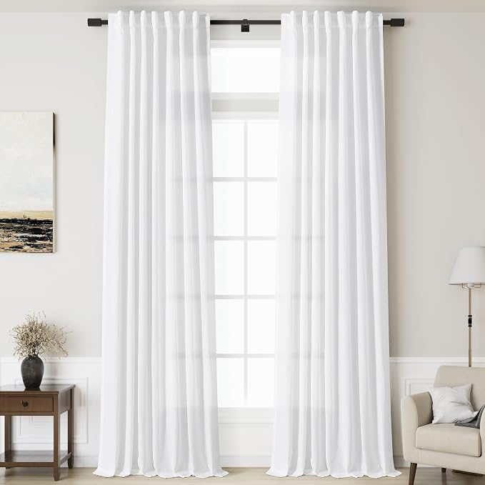 Nanspring White Linen Extra Long Curtains for Living Room 139 Inches Long Back Tab Curtains 2 Panels Set Farmhouse Light Filtering Semi Sheer Linen Drapes Ceiling to Floor for Large Window 52x139