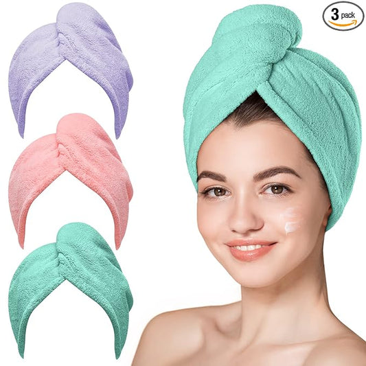 Hicober Microfiber Hair Towel, 3 Packs Hair Turbans for Wet Hair, Drying Hair Wrap Towels for Curly Hair Women Anti Frizz (Pink,Purple,Green)