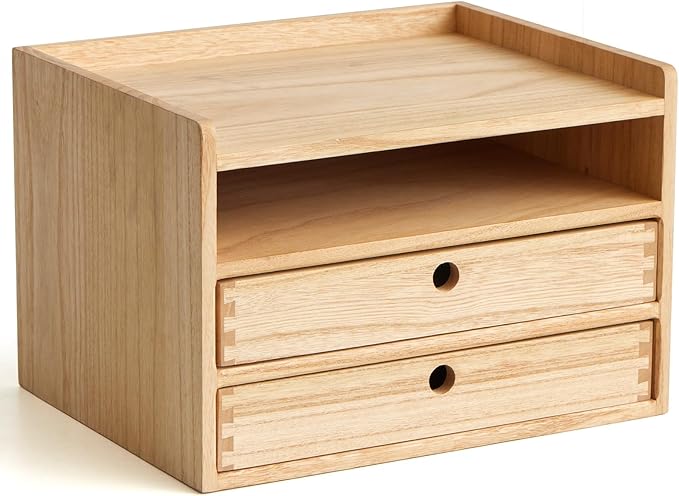 KIRIGEN Desktop Organizer Cabinet with 2 Drawers and Tray, Wood Office Desk Storage Shelf, 3-Tier Countertop Organizer for Papers, Supplies, Cosmetics, Kitchen Accessories Natural（DT3D2C-NA）