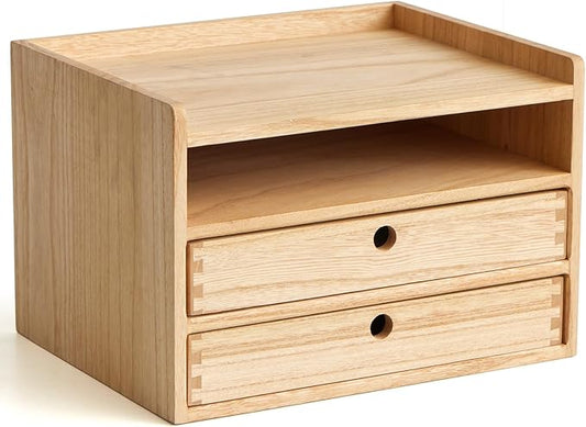 KIRIGEN Desktop Organizer Cabinet with 2 Drawers and Tray, Wood Office Desk Storage Shelf, 3-Tier Countertop Organizer for Papers, Supplies, Cosmetics, Kitchen Accessories Natural（DT3D2C-NA）