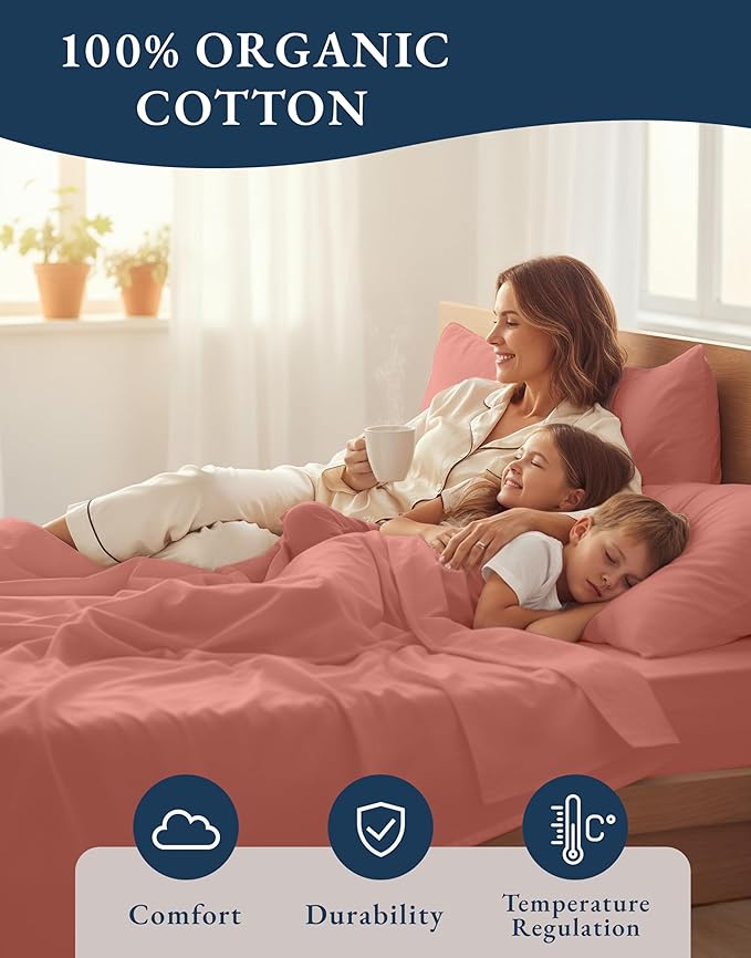 LANE LINEN 100% Organic Cotton Twin XL Sheets Set, 3-Piece Pure Organic Cotton Percale Sheets, Cotton Bedsheets, Ultra Soft Bedding Sheets, Breathable, Fits Mattress Upto 15" Deep - Rose Dawn