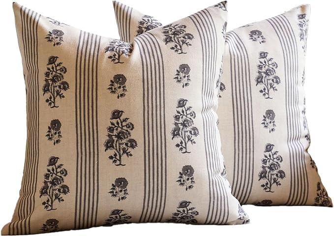 Amor Virisso Floral Throw Pillow Covers 20x20 Set of 2 Block Print Pillow Covers Neutral Floral Striped Farmhouse Decorative Pillow Covers for Sofa Couch Bed, Light Taupe