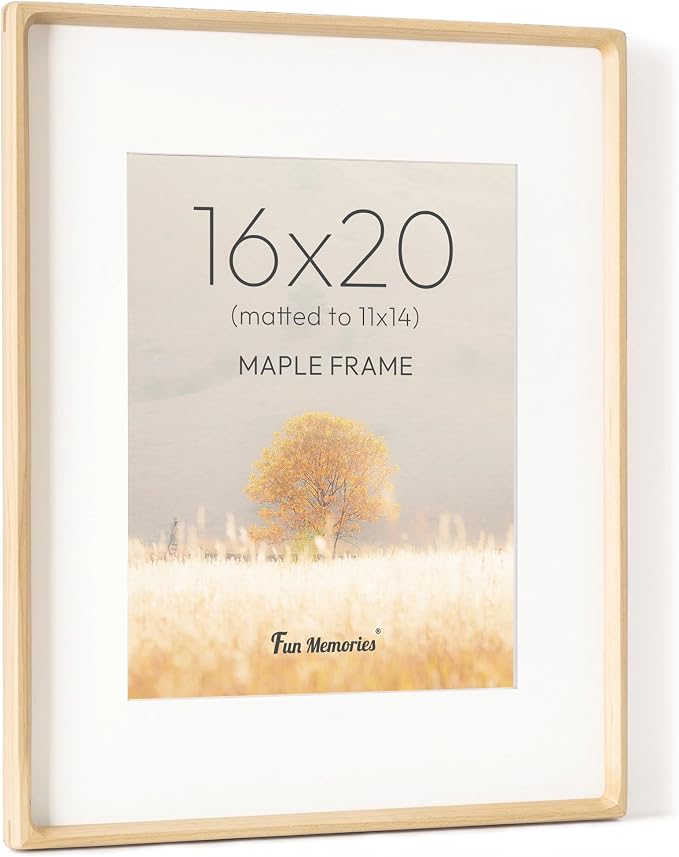 16 x 20 Picture Frame, USA-Sourced Maple Wood Photo Frames with HD Tempered Glass, Handcrafted Rounded Corner 16x20 Wooden Frames Matted to 11x14 Photos, Horizontal or Vertical Wall Display