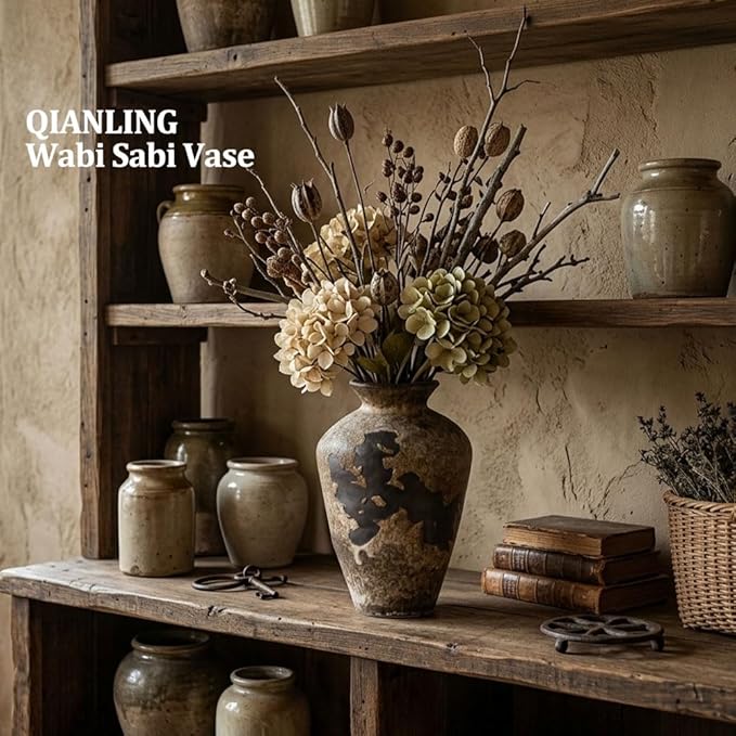 Wabi Sabi Decor Rusty Vintage Vase - 8.7" Tall Rustic Farmhouse Wabi Sabi Vase for Centerpiece, Pottery Stone Flower Vases for Home Decor, Table, Living Room, Bedroom, Bathroom, Kitchen (Rusty Stone)