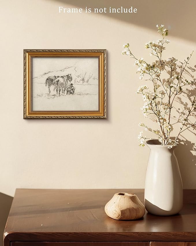 Vodefoad Vintage Western Canvass Wall Art Sketch Cowboy with Horses in a Natural Landscape Minimalist Sketches Decor for Gallery Home Bedroom Farmhouse Bedroom - 8x10Inch Unframe