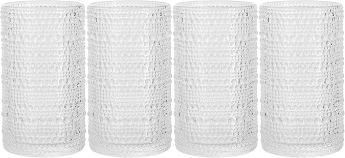 Glaver's Hobnail Drinking Glasses, Set of 4 Clear Vintage Beaded Glass Cups, 15 Oz. Cocktail Drinking Glassware Set, For Water Juice, Smoothies. Home, Dinner, Bar uses.