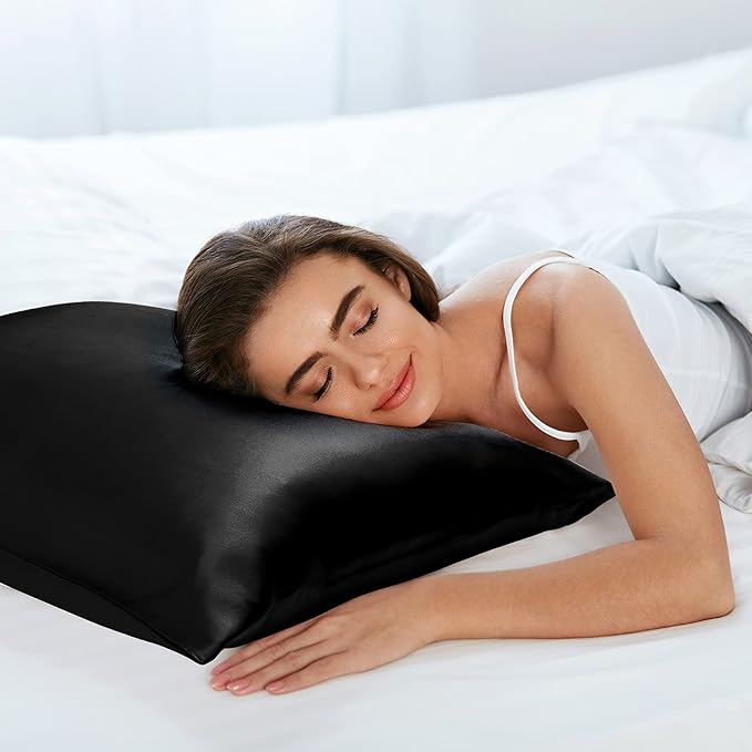 uxcell 1 Pack 100% Charmeuse Pure Silk Pillowcase for Hair and Skin, 350TC 19 Momme Soft Breathable Pillow Case with Hidden Zipper, Black King(20x36inch)