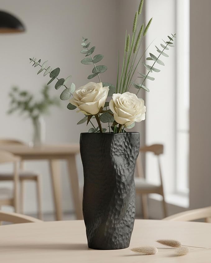 Black Matte Ceramic Vase, 9.9 Inch Organic Nature Shape, OOSTONEE Modern Wabi Sabi Decor Gothic Unique Flower Vase for Home, Living Room, Bedroom, Dining Table, Centerpiece Decor
