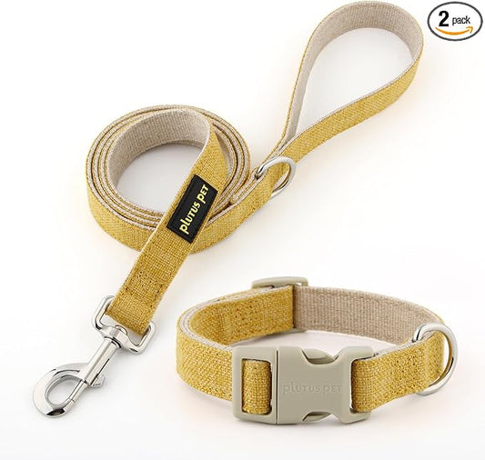 Plutus Pet Cotton Hemp Dog Collar and Leash Set, Adjustable Collar for Small, Medium, and Large Dogs, Heavy Duty and Soft on Skin, Yellow, L