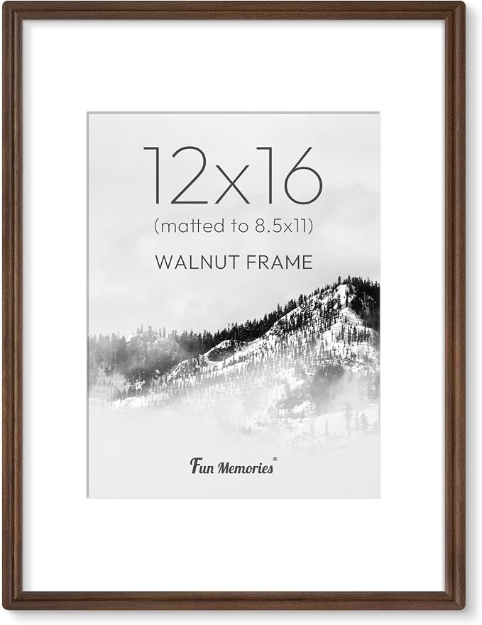 12x16 Picture Frame with Mat for 8.5x11, USA-Sourced Natural Walnut Wood Handcrafted Rounded Corner with HD Tempered Glass, 12 x 16 Photo Frames Gallery Wall & Tabletop, Vertical or Horizontal Display