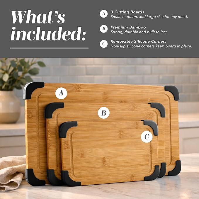 COOK WITH COLOR Non-Slip Cutting Board Set – Kitchen Essentials with Easy Grip Handle for Meat, Veggies, and Fruits, 3 Cutting Boards, Bamboo Non-Slip Black