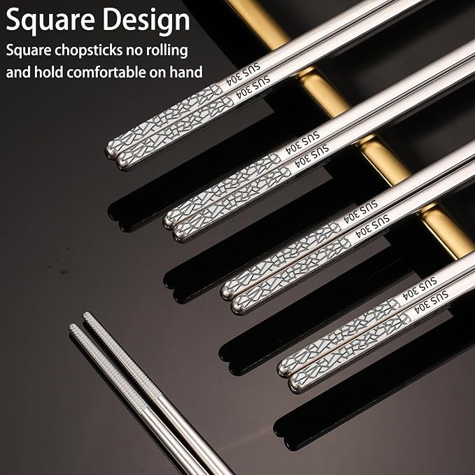 Stainless Steel Chopsticks Reusable, 5 Pairs, Silver Crack Pattern | Dishwasher Safe,18/8 Stainless Steel,Metal Chopsticks,Lightweight,Non-Slip,Laser engraving patterns