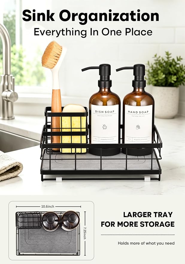 [Extra Large] Kitchen Soap Dispenser Set, 2 Glass Dish Soap Dispensers with Stainless Steel Pumps, Quick-Dry Stone Tray, Sink Caddy Organizer with Sponge Holder, All-in-One Countertop Organization Set