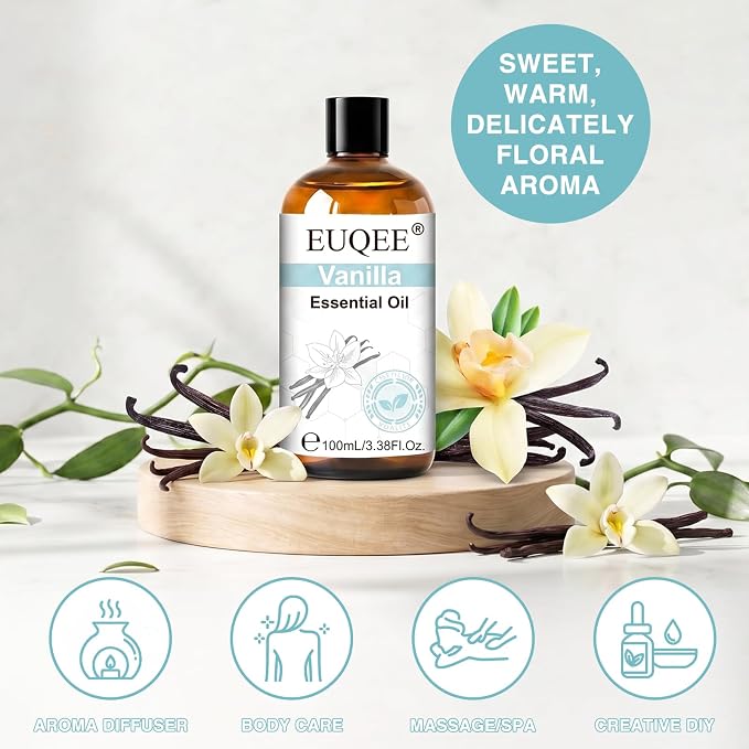 EUQEE Vanilla Essential Oil 118 ml Pure Vanilla Oil with Glass Dropper, Great for Diffusers, DIY Bath Bombs, Soap & Candle Making - 4Fl.Oz