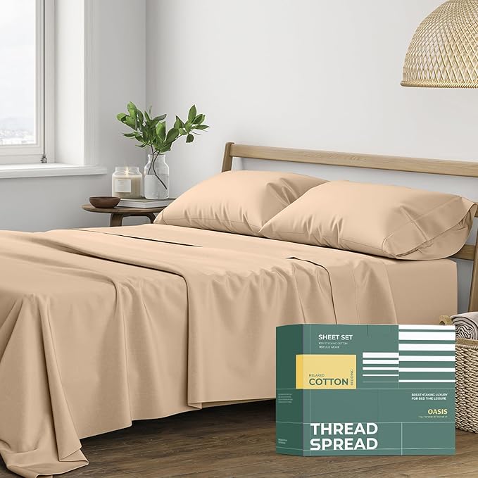 THREAD SPREAD 100% Organic Cotton Sheets King Size - 4 PC Organic Cotton King Size Percale Weave Sheet Set, Soft, Cooling, Crisp & Breathable, 16" Deep Pocket Hotel Quality Bedding Set - Taupe