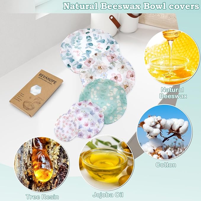 5-Size Reusable Beeswax Elastic Bowl Covers for Bread Proofing, Cotton Cloth Flexible Beeswax Wraps for Sourdough Cover and Food Storage Shower Caps for Sourdough Bread Supplies