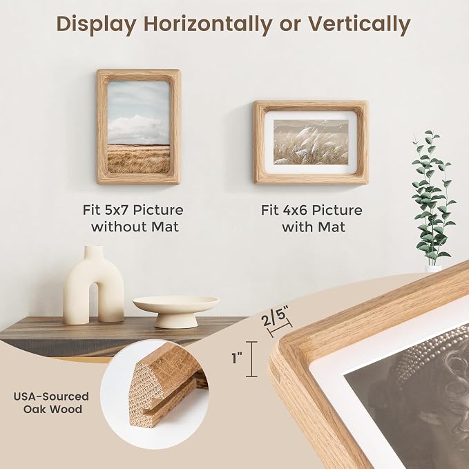 Fun Memories 5x7 Picture Frame, USA-Sourced Oak Wood Photo Frames with HD Tempered Glass, Handcrafted Rounded Corner 5 x 7 Wooden Frames Matted to 4x6 Photos, 5x7 Frame, Tabletop or Wall Display