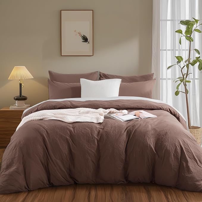 NEXHOME PRO Twin Duvet Cover Set – 100% Certified Organic Cotton with Washed Feel & Linen-Like Texture, Comfortable & Breathable, Home Bedding Set Dark Brown (No Comforter)