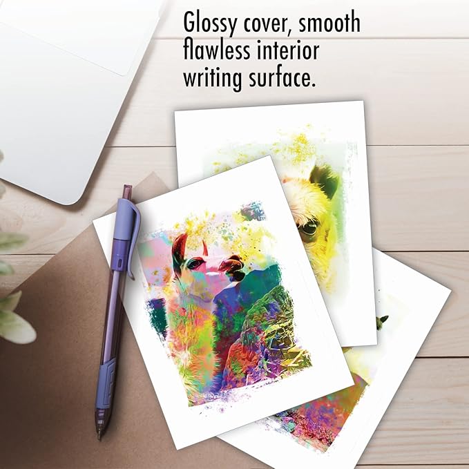 The Best Card Company Assorted Animal Watercolor Blank Greeting Card Box Set - Incl. 10 Unique Notecards Designs + Envelopes for Thank You, Invitations - Funky Rainbow Llamas AM6862OCB-B1x10