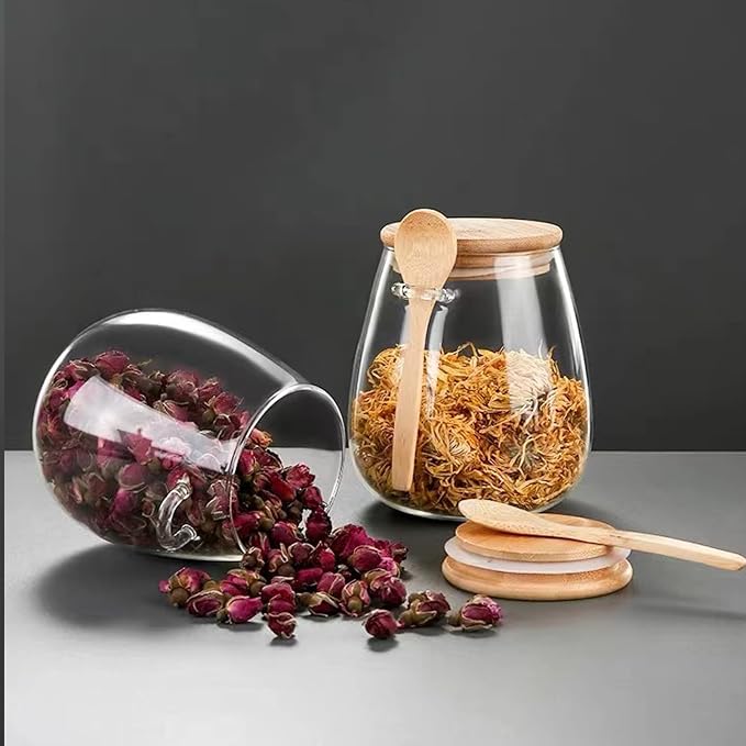 Airtight glass jar storage container with bamboo lid Set of 2, wide mouth, leak-proof, With a spoon, can be used for coffee beans, tea leaves, grains, dried fruits, etc (Large*2PCS)