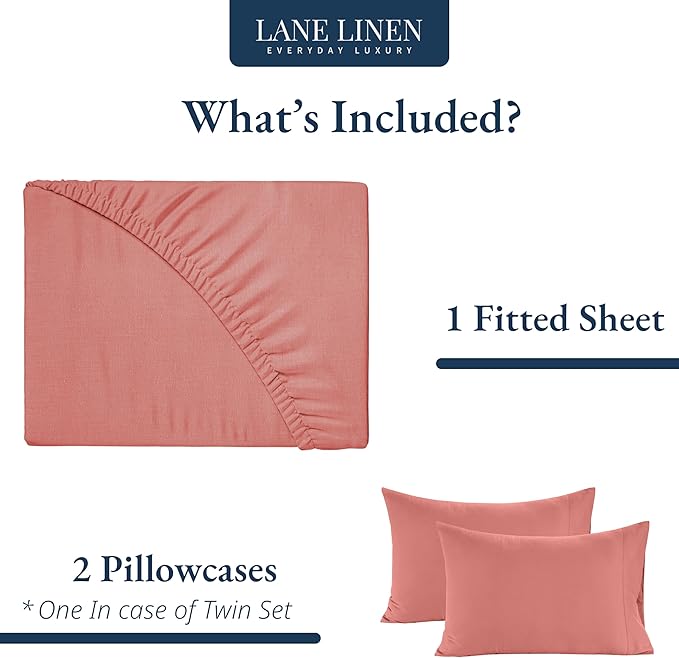 LANE LINEN Twin XL Fitted Sheet, 100% Organic Cotton 2-Piece Set (1 Fitted Sheet, 1 Pillowcase), Percale Weave, Soft, Breathable, Fits Mattress Upto 15" Deep - Rose Dawn (No Flat Sheet)