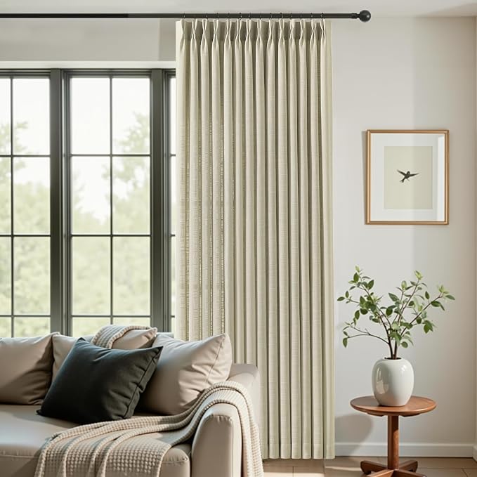 IVAPUPU Linen Pinch Pleated Curtains 96 Inches Long for Living Room, Semi Sheer Privacy Linen Blend Curtain Memory Trained Back Tab Pleat Drapes with Rings for Bedroom Dining Room, 2 Panels, W40xL96