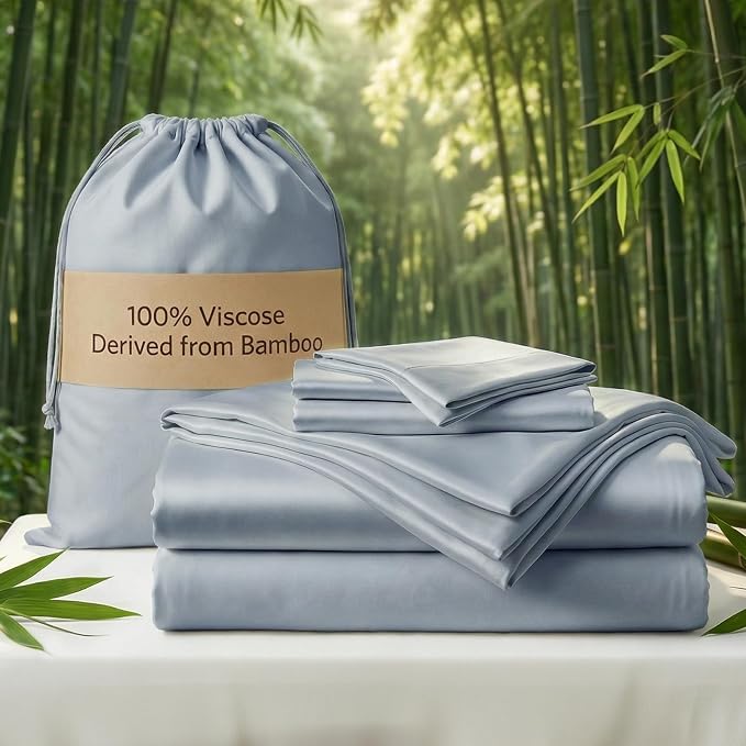 Real 100% Viscose Derived from Bamboo Sheets Set Queen Size, Cooling & Silky Soft for Hot Sleeper, Luxury with Breathable & Moisture Wicking Fabric, 18" Deep Pocket with Corner Straps(Sterling Blue,Q)
