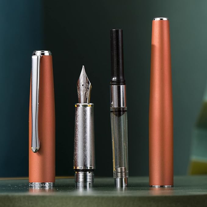 Hongdian 920 Orange Metal Fountain Pen Medium Nib Classic Pen, Includes Refillable Converter and Pen Pouch