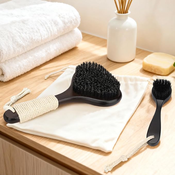 eaxun Bamboo Dry Brushing Set with Body and Face Brush, Dry Scrub Brush with Exfoliating Natural Boar Bristle for Lymphatic Drainage, Cellulite Reduction, Blood Circulation and Glowing Skin, 2 Pack