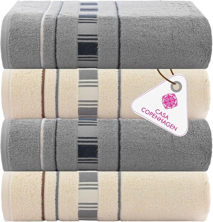 CASA COPENHAGEN X Line 4Pcs 100% Egyptian Cotton Designer Hand Towels Gift Set- Grey - Cream 600 GSM, 28"x16", 4Hand Towels for Bathroom Set for Women & Men