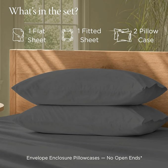 Threadmill Luxury Organic Cotton Sheets - Certified by GOTS - King, 4 Piece, Dark Grey - Breathable Premium Sheet Set - Smooth and Cool Bedding with Perfect Elastic Deep Pocket Fit