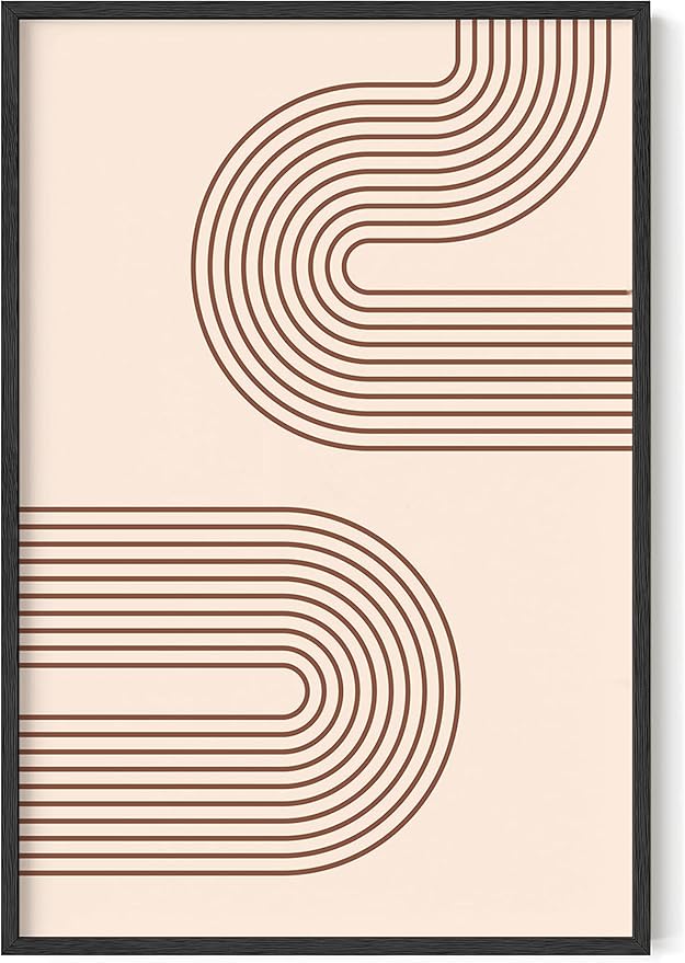 Abstract Double Wavy Arch Wall Art Minimalist S-Shape Lines Earth Tones Terracotta Brown 24x36 Inch Oak Wood Black Framed Boho Geometric Print for Modern Living Room Decor