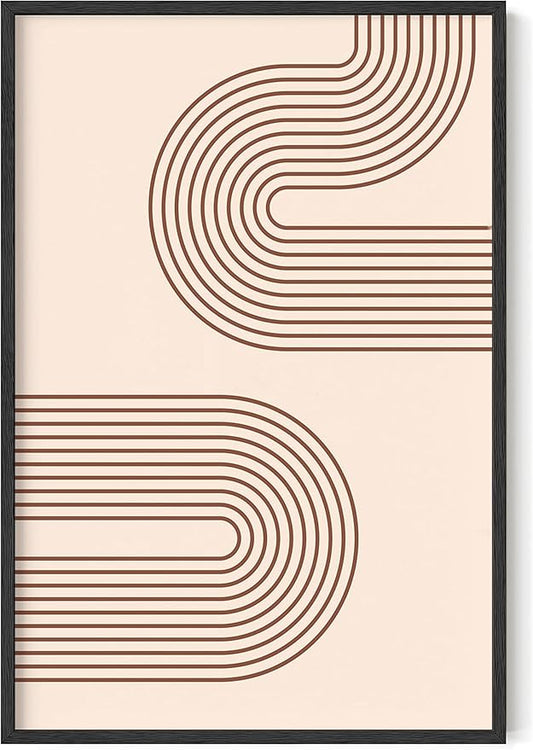 Abstract Double Wavy Arch Wall Art Minimalist S-Shape Lines Earth Tones Terracotta Brown 24x36 Inch Oak Wood Black Framed Boho Geometric Print for Modern Living Room Decor