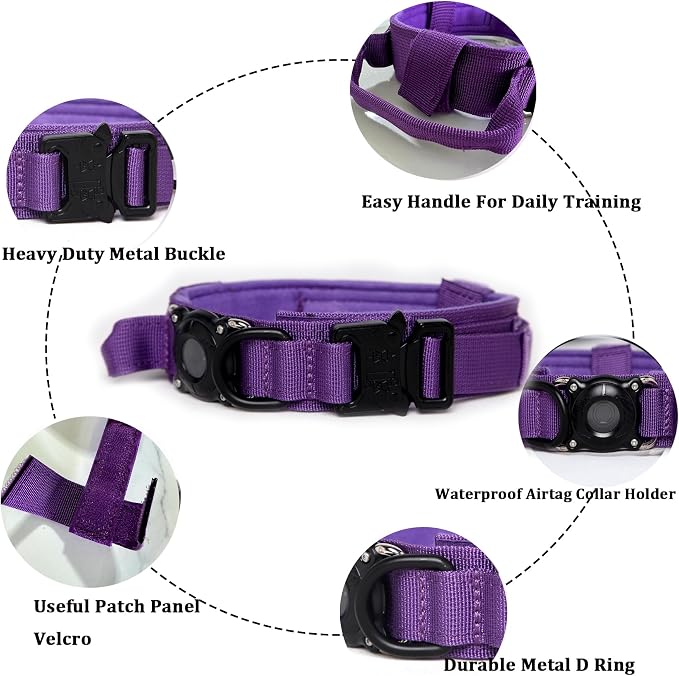 Tactical Dog Collar and Leash Set with Airtag Holder Waterproof Dog Airtag Collar with Handle Adjustable Heavy Duty Dog Collar Leash Set(DeepPurple，XL