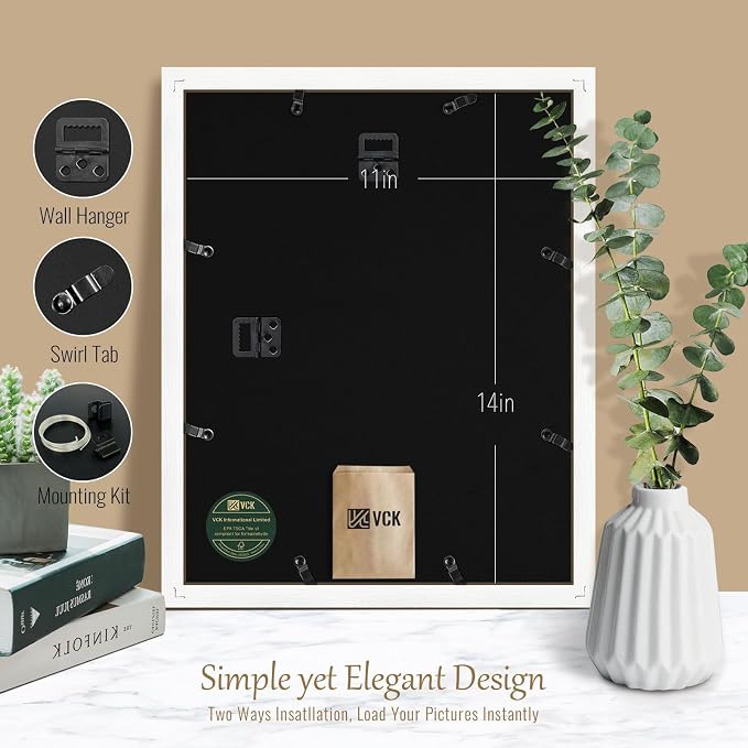 VCK 11x14 Picture Frame White - 2 Pack, Gallery-Quality Wood Poster Frames, 1.1-Inch Wide Border, Polished Plexiglass, Vertical or Horizontal Wall Display for Photo/Certificates/Prints, White