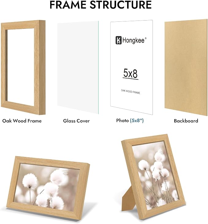 Hongkee 5x8 Oak Wood Picture Frame (1 Pack, Natural) with Real Glass Cover | 5 x 8 Solid Wood Frame for Wall or Tabletop Display - Includes Easel Back, Vertical Hang - Ideal for Home, Office