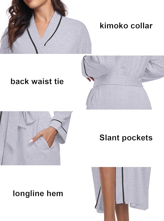 COLORFULLEAF 100% Cotton Women's Robes Summer Lightweight Kimono Soft Long Cotton Bathrobe for Women with Pockets