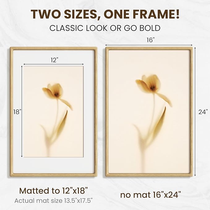 16x24 Poster Frame, USA-Sourced Oak Wood Frame Wall Mounted, 16x24 Picture Frame with Real Glass, 16 x 24 Picture Frame Matted to 12x18 Photo for for for Vertical & Horizontal Hanging, 1 Pack