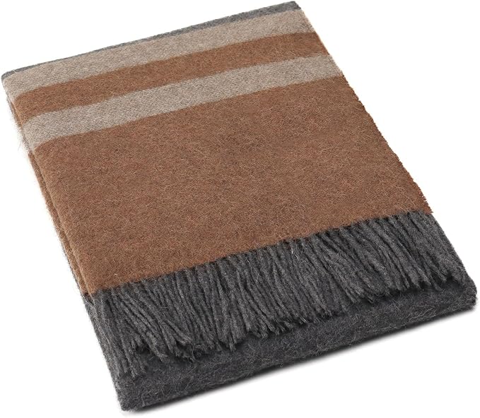 Superfine Alpaca Wool Throw Blanket - Lightweight Alpaca Merino Wool Throw Blankets | Soft Peruvian Alpaca Blanket Wool Blanket Striped Design 63" x 52" (Gray/Camel/Taupe)