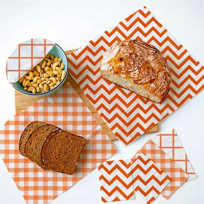 Reusable Beeswax Wraps, 9 Pack Eco-Friendly Food Storage, Organic, Sustainable, Zero Waste, Plastic-Free, Sandwich, Snack, Bowl Cover, 1XL, 3M, 5S, Orange Chevron Grid Gingham Patterns