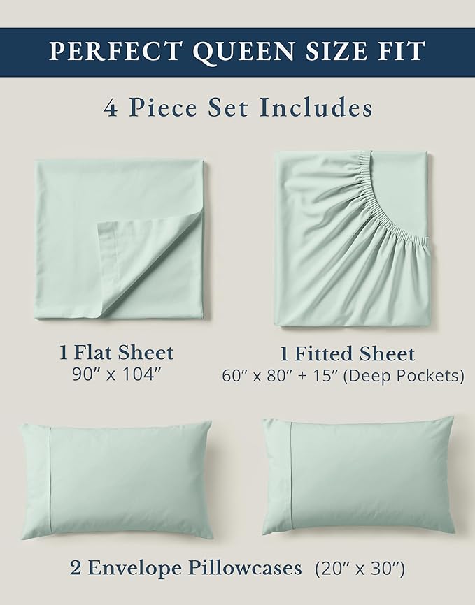 LANE LINEN 100% Organic Cotton Queen Sheets, Fully Elasticized Soft & Comfy Classic Percale Weave, Low Pill Fade Resistant Machine Washable Sheet & Pillowcase Sets, 15" Deep Pocket- Cool Blue