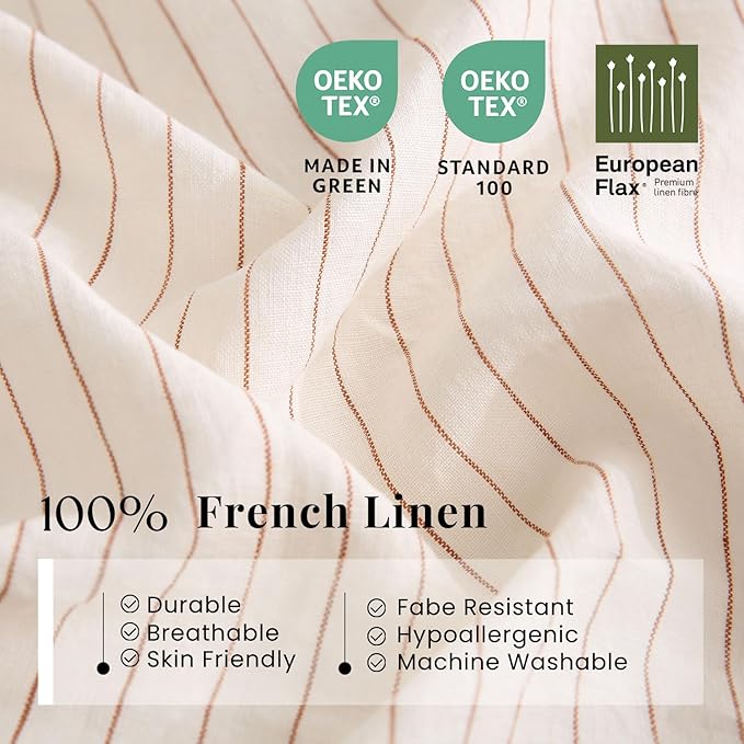 S VICTORY SYMBOL 100% Organic Linen Duvet Cover Set Rust Pinstripe,Yarn Dyed French Natural Flax Bedding Set,3pcs Farmhouse Comforter Cover Set Full Size