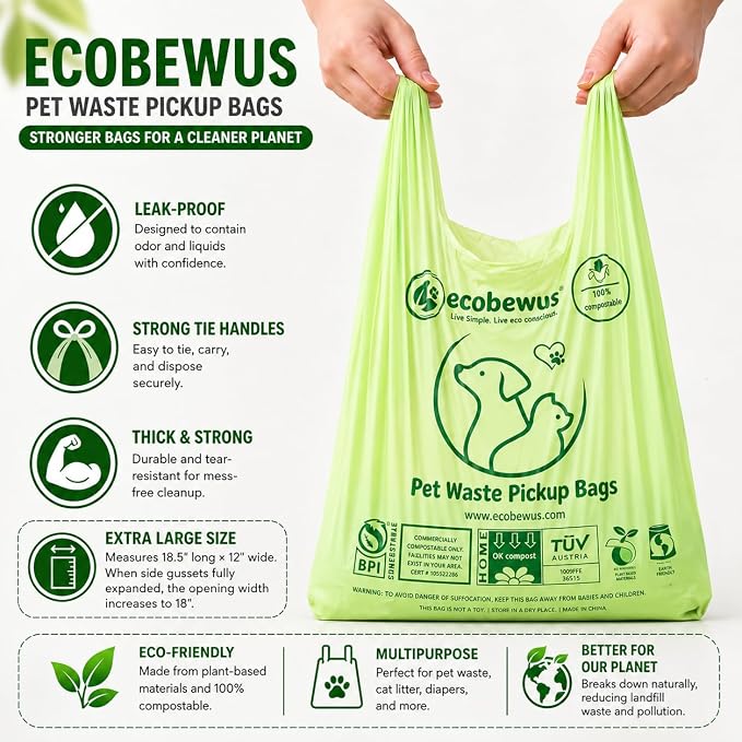 100% Compostable XL Pet Waste Bag (120 ct.) Plant-Based Cat Litter Bags Cornstarch-Based Doggy Poop Bags with Handles Compost Liners US BPI ASTM D6400 & OK Compost Home Certified (120 ct)