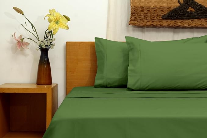 Organic Cotton Long Staple Silky Soft Single Pick Sateen Bed Sheet Set - Luxurious & Premium Hotel Quality - GOTS Certified - Solid Dyed (Vineyard Green, Queen (U.S. Standard))