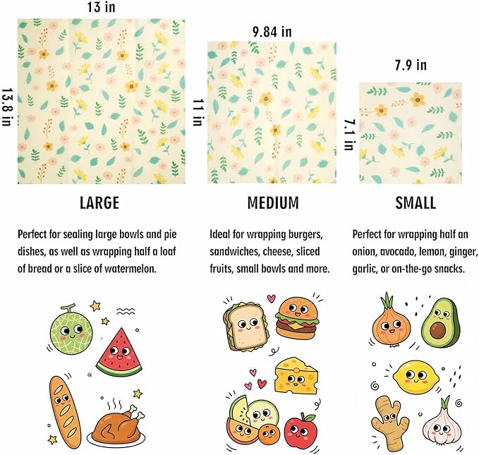 Beeswax Wraps for Food, Flowers 3 Pack (S, M, L) Reusable Food Wraps, Bread Sandwich Wrap, Zero Waste, Organic, Plastic-Free Food Storage Wrap