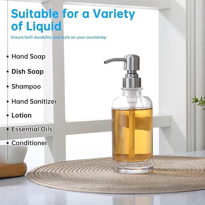 Clear Glass Soap Dispenser with Brushed Nickel Pump 2 Pack, 2 X 11 OZ Liquid Soap Dispenser Cylindrical with Stainless Steel Pump for Dish Hand Soap Bathroom Kitchen Vanity Countertop