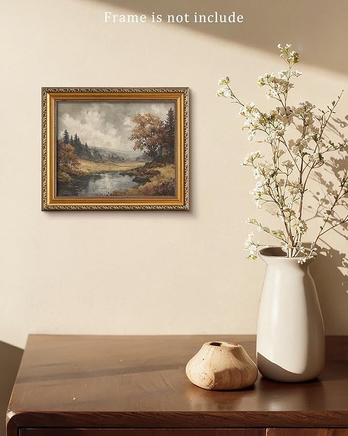 Vodefoad Autumn Landscape Retro Vintage Canvas Wall Art Vintage Landscape Wall Art, Farmhouse River Painting, Cottagecore Decor Fall Landscape Print Moody Autumn Print for Bedroom Bathroom Decor - 8x10Inch Unframe